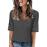 TICTICMISS Women's V Neck T Shirts Mesh Panel Short Sleeve Tops Casual Summer Tees