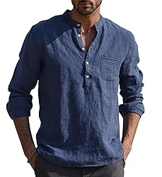 URRU Men Linen Henley Shirts Casual Standard Fit