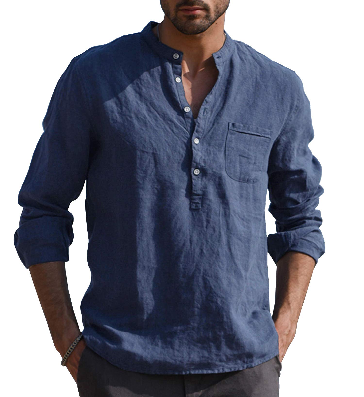 URRU Men Linen Henley Shirts Casual Standard Fit