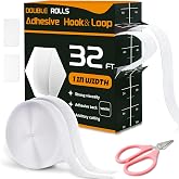 32 Ft &times; 1 Inch Hook and Loop Strips with Adhesive, Nylon, 2 Rolls White | Self Sticky Double Sided Heavy Duty Strips, Sticky Back for Fabrics Nylon Adhesive Tape for Home Office School and Crafting