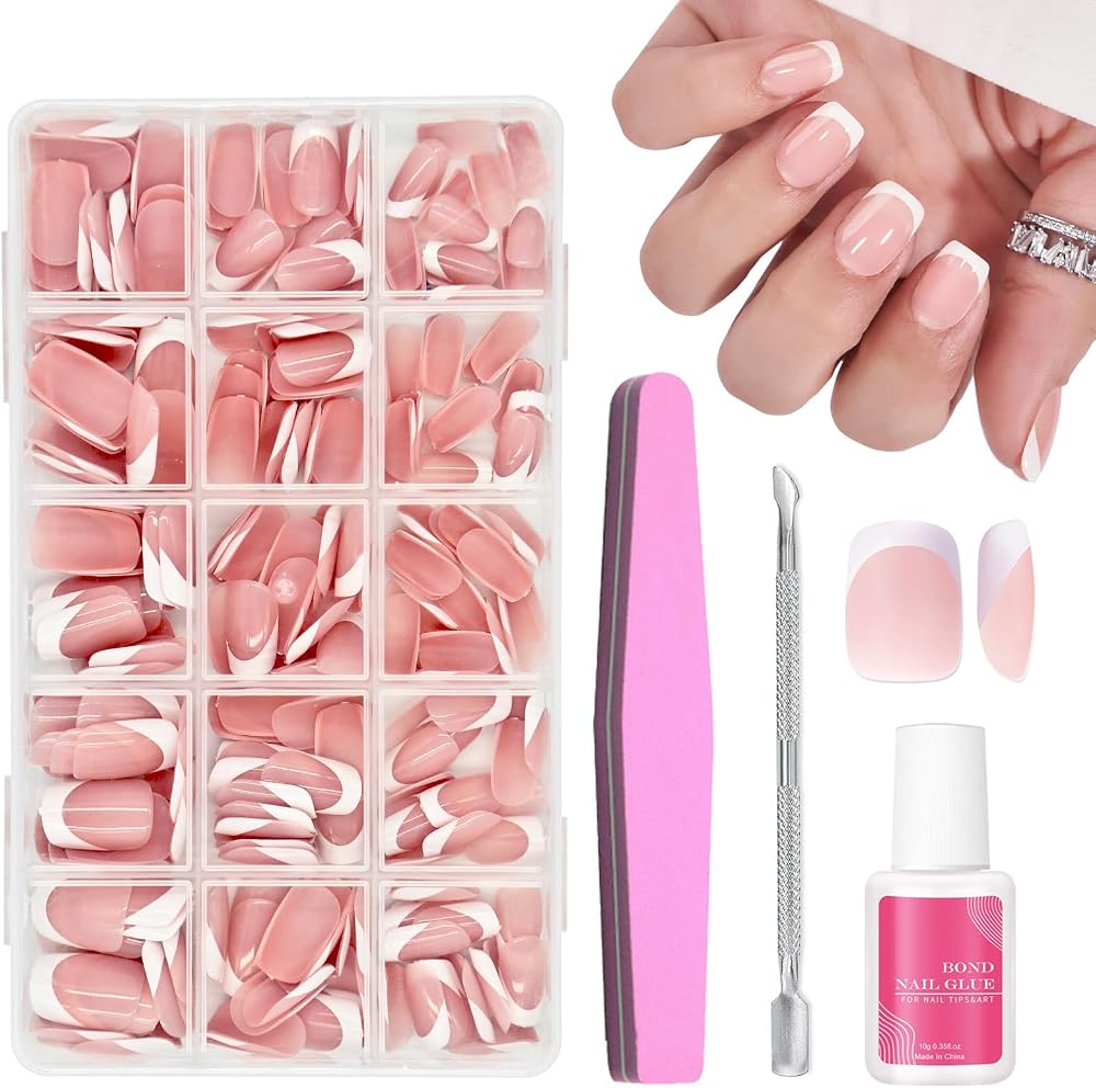 EONFAVE French False Nails 240Pcs Short Square French Tip Full Cover Kit