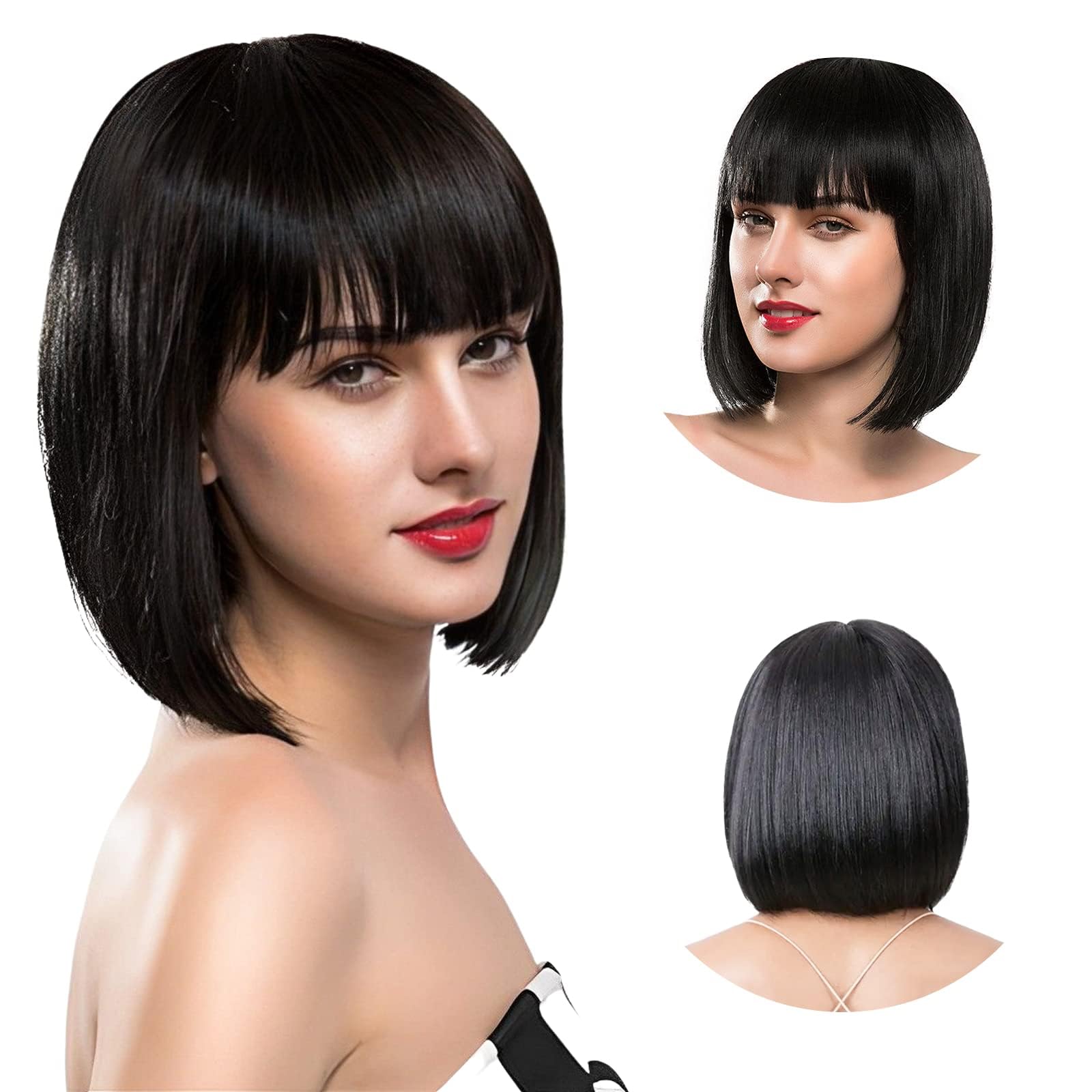 letcdfer Black Bob Wig with Bangs Short Human Hair New Natural Straight Wigs Flat Heat Resistant Synthetic 100% Density Color for Daily Party Cosplay 1 count