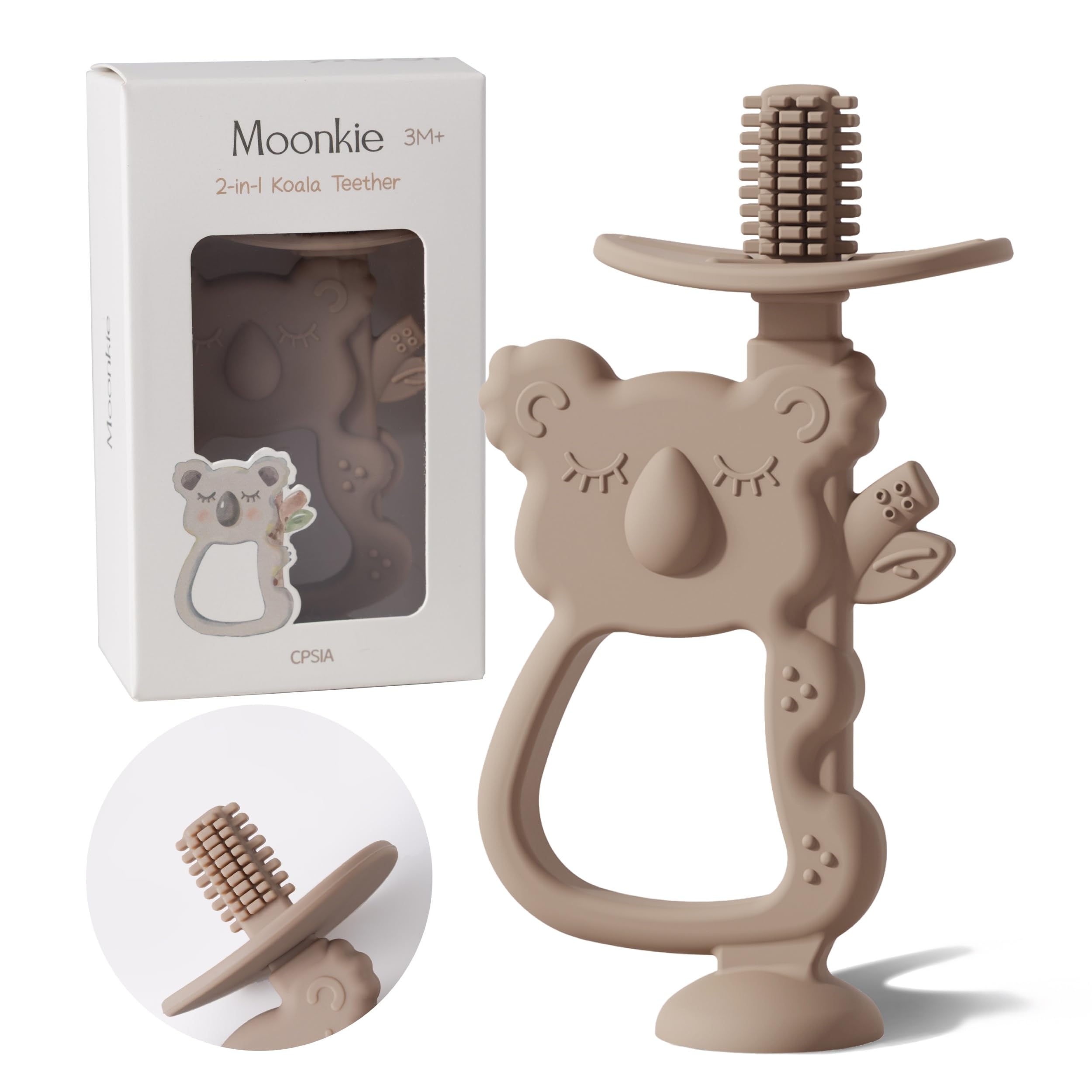 Moonkie Teething Toys for Baby, 360° Baby Toothbrush with Suction Base, Silicone Teething Toys, BPA-Free, Gift for Boys and Girls, for 6 Months+ Baby and Toddler 1pc (Koala Warm Taupe)
