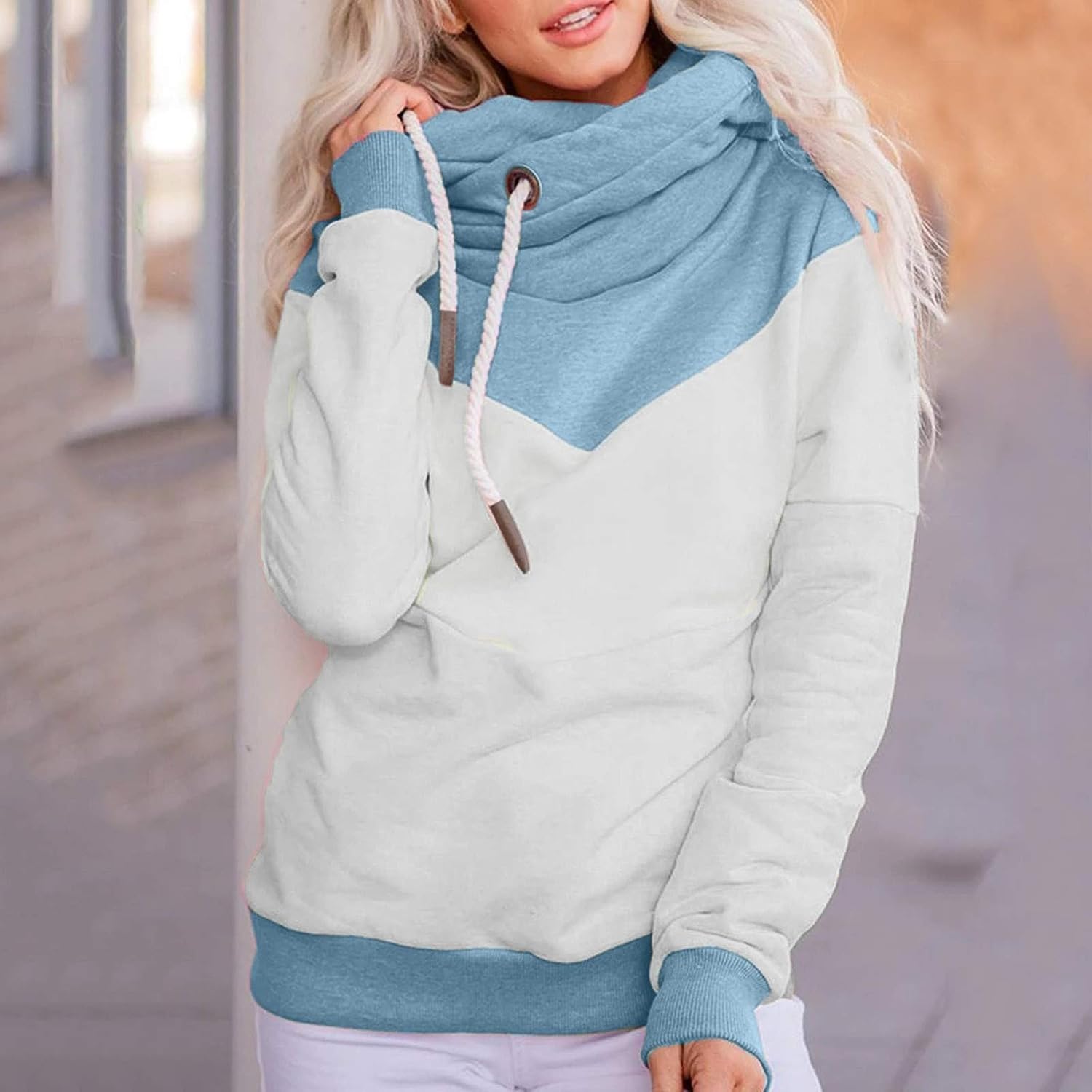 VEKDONE Women Plus Size Cowl Neck Color Block Striped Tunic Sweatshirt Drawstring Loose Hoodie Pullover Casual Tops: Clothing