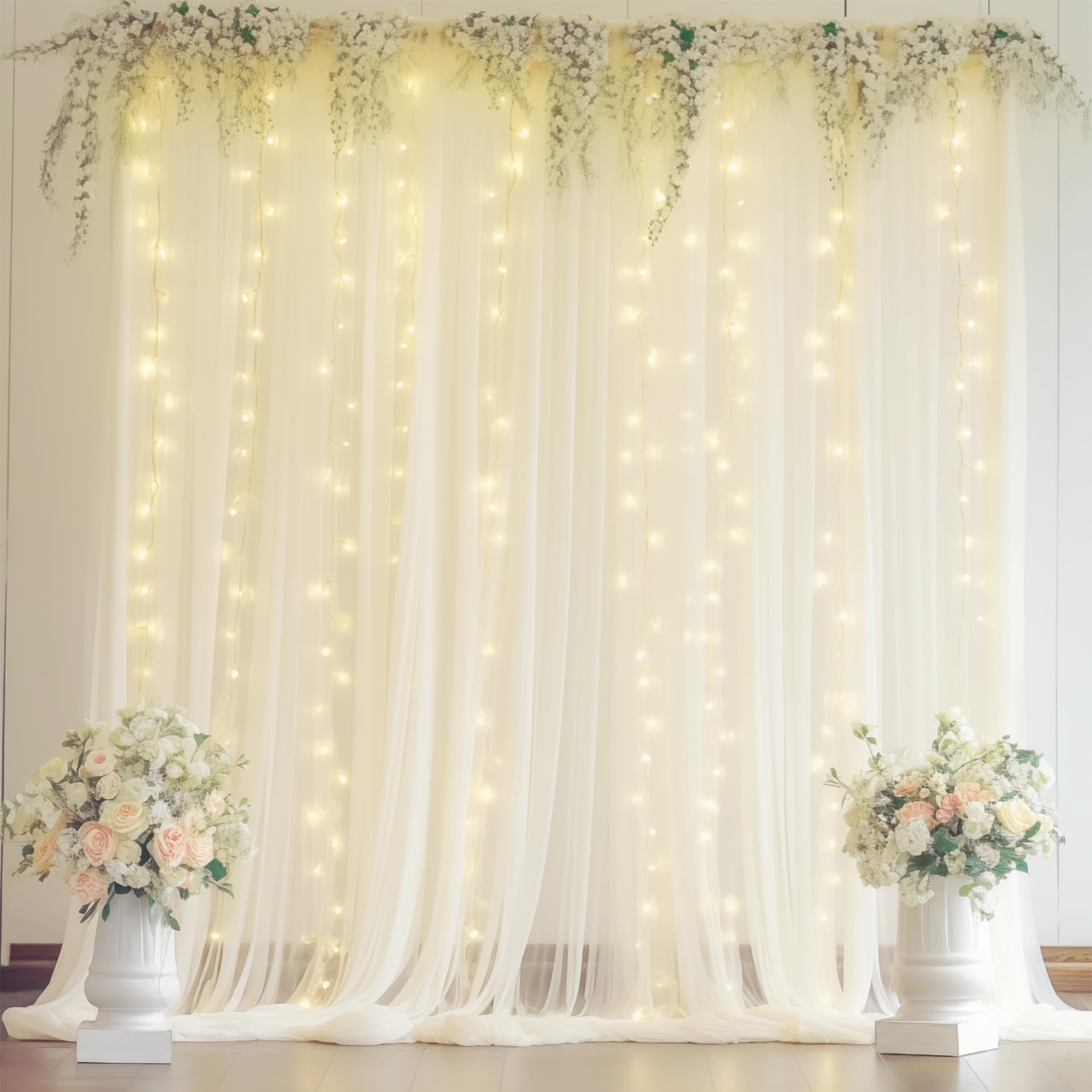 Photo 1 of 10ft x 8ft Ivory Backdrop Curtain with Lights String