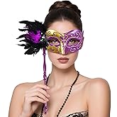 BEARAE Masquerade Mask for Women with Stick, Feather Venetian Masks, Costume Mask for Mardi Gras Gatsby Party Decoration