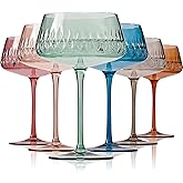 JOVGANK Colored Martini Glasses Set of 6, Hand Blown Colorful Cocktail Glass 14Oz, Large Vintage Champagne Coupe Glasses,Crystal Retro Style Bar and New Year Drinking Glasses, Valentine's Day Gifts