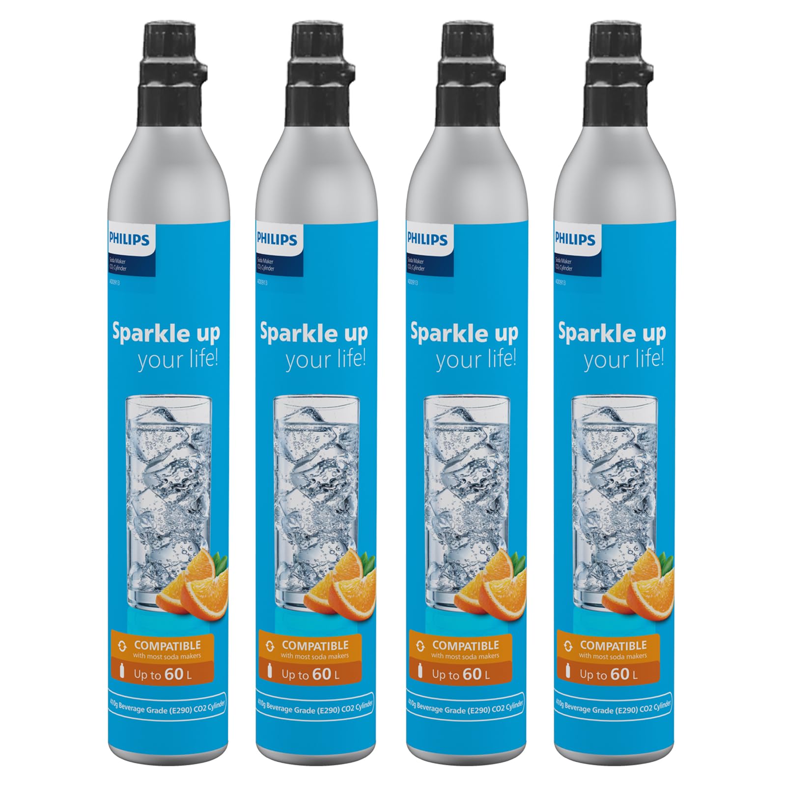 CO2 Canisters for Soda Maker, Philips 4 Pack 60L Threaded Refill Co2 Cylinder for Carbonated Water Machine, Compatible with All Screw-In Sparkling Water Maker, Co2 Cartridges Refillable in US