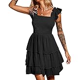 Byinns Womens Square Neck Sleeveless Ruffle Dress High Waist Backless Tiered Smocked Strappy Casual Short Mini Dresses 2026