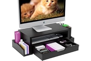 Simple Trending Monitor Stand Riser and Computer Wood Desk Organizer with Drawer and Pen Holder for Laptop, Computer, iMac, Black