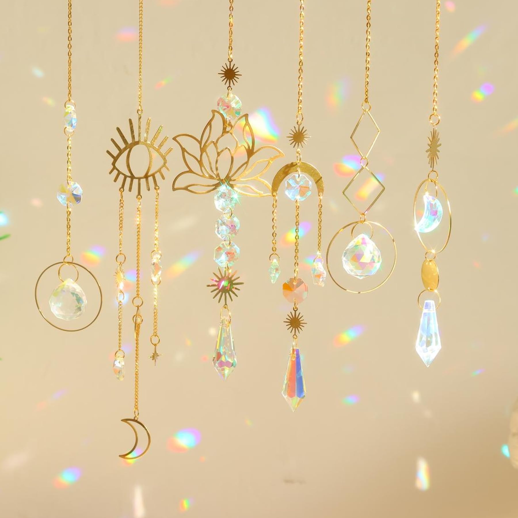 Sun Catcher Crystal Wind Chime, Pack of 6 Crystal Pendant Decoration, Gold Moon Star Rainbow Crystals Pendant, Rainbow Suncatcher Crystal, Window Decoration, Hanging for Home, Office, Garden, Outdoor