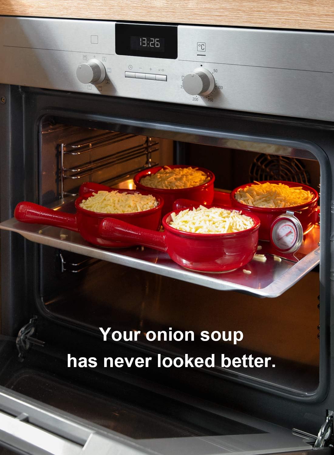  | LE TAUCI French Onion Soup Bowls With Handles, 15 Ounce for Soup, chili, beef stew, Set of 4, Red: Soup Bowls