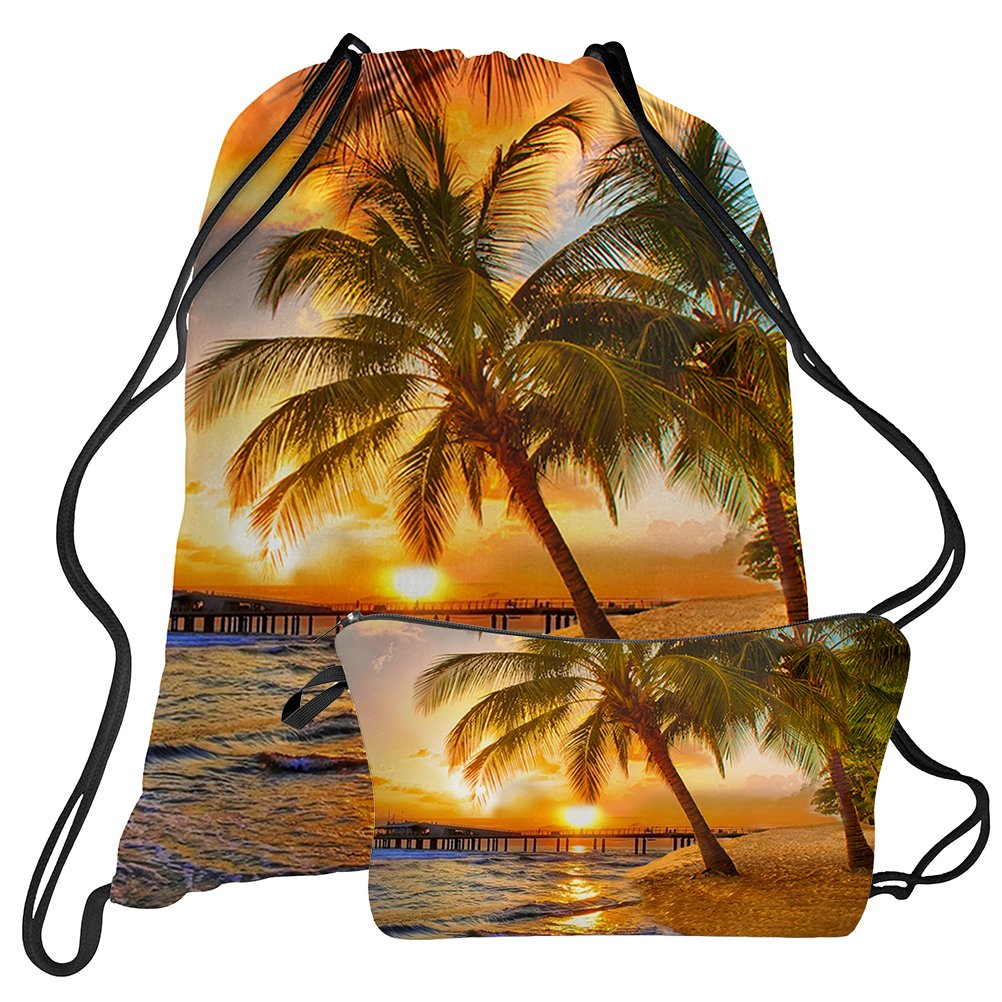 TUONROAD Travel Portable Travel Backpack Cute Cosmetic Pouch Storage 3D Pattern Summer Vacation Beach Theme Sunset Palm Tree the Setting Sun Cool Cinch Bags Zipper Handy Cosmetic Pouch