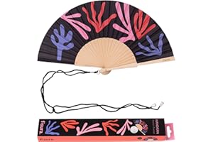 Fisura - Original Folding fan with Corals Print. Wooden handheld fan for women. Black Design for raves, festivals, weedings. Hanger included. Size: 16.7 x 9 inches