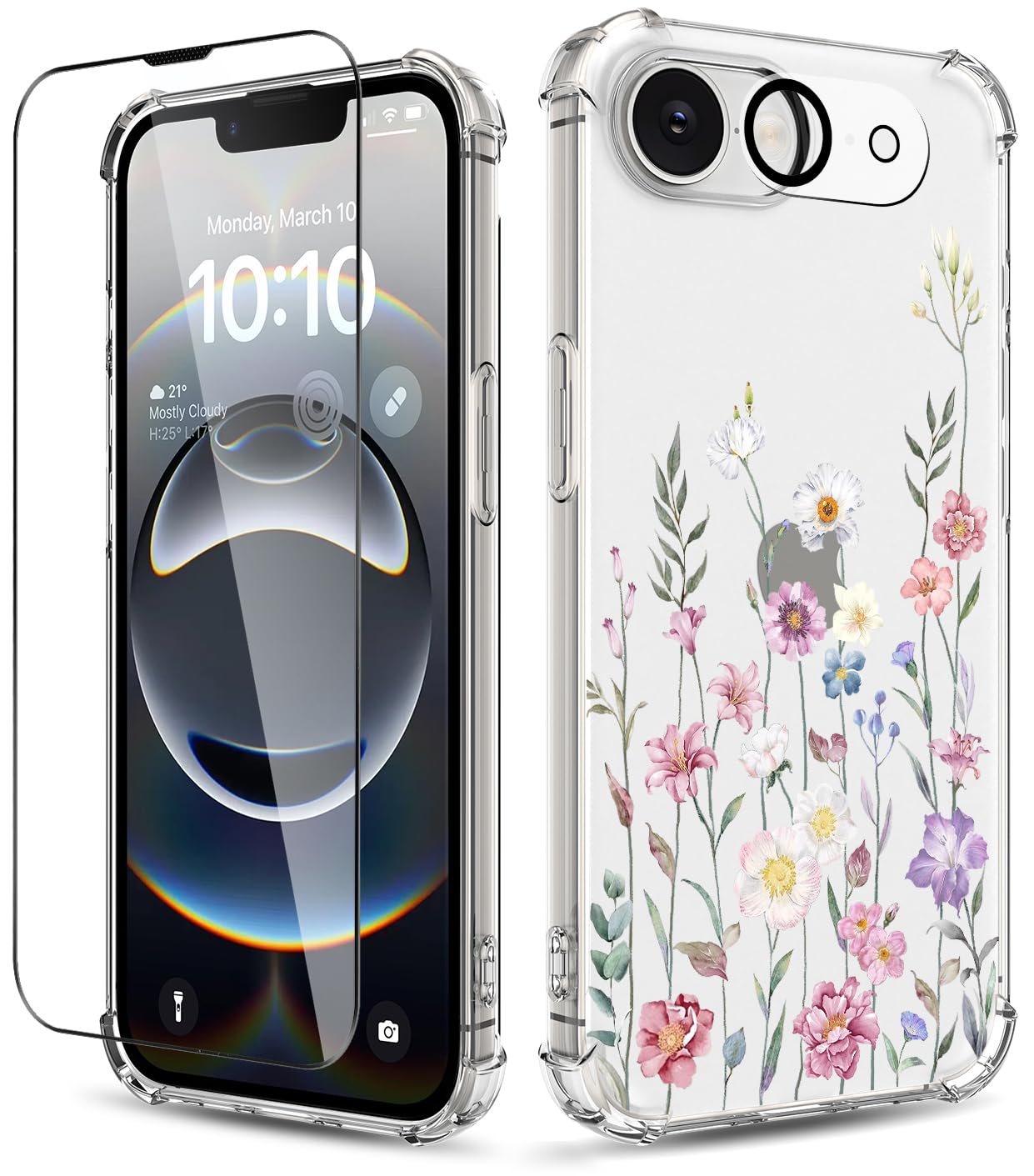 YOYORI for iPhone 17e Case & iPhone 16e Case,[3 in 1] with Screen Protector & Camera Lens Protector, Clear Soft Shockproof Slim Floral Phone Cover for Women Girls 2025 6.1"(Blooming Flowerets)