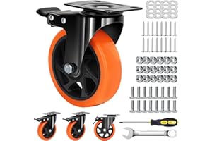 MSH&HCE 5-Inch Orange Heavy Duty Caster Wheels (Set of 4) - 2600Lbs Total Capacity, Polyurethane (PU) Wheels, Quiet Swivel Casters for Carts, Furniture & Workbenches (Two Hardware Included) ﻿