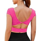 DaiLiWei Open Back Workout Tops for Women Short Sleeve Longline Sports Bras Support Crop Tank Yoga Shirts with Built in Bra