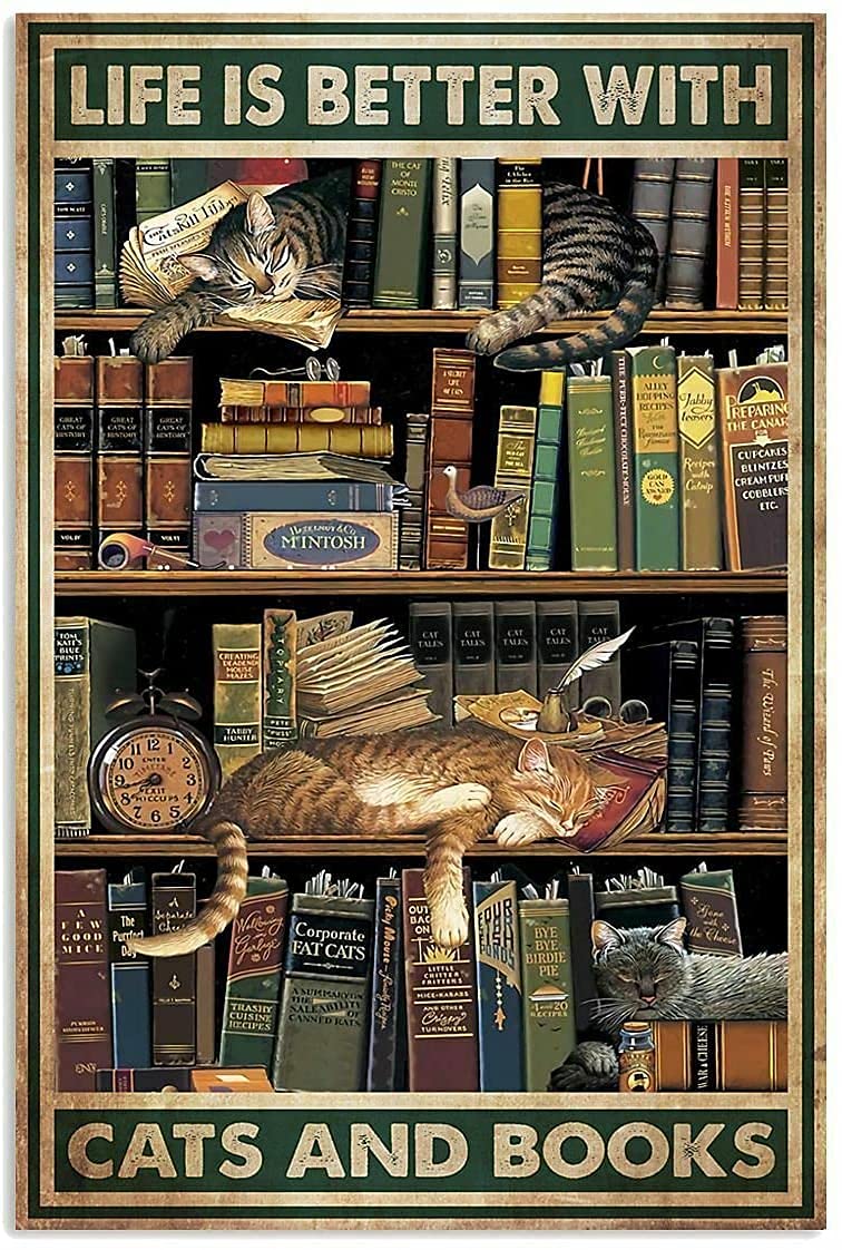 Aperiy Metal Sign The Life of A Book Lover is Due to Books and Cat Wall Decoration Posters 8X12inch Decorative Signs and Plaques