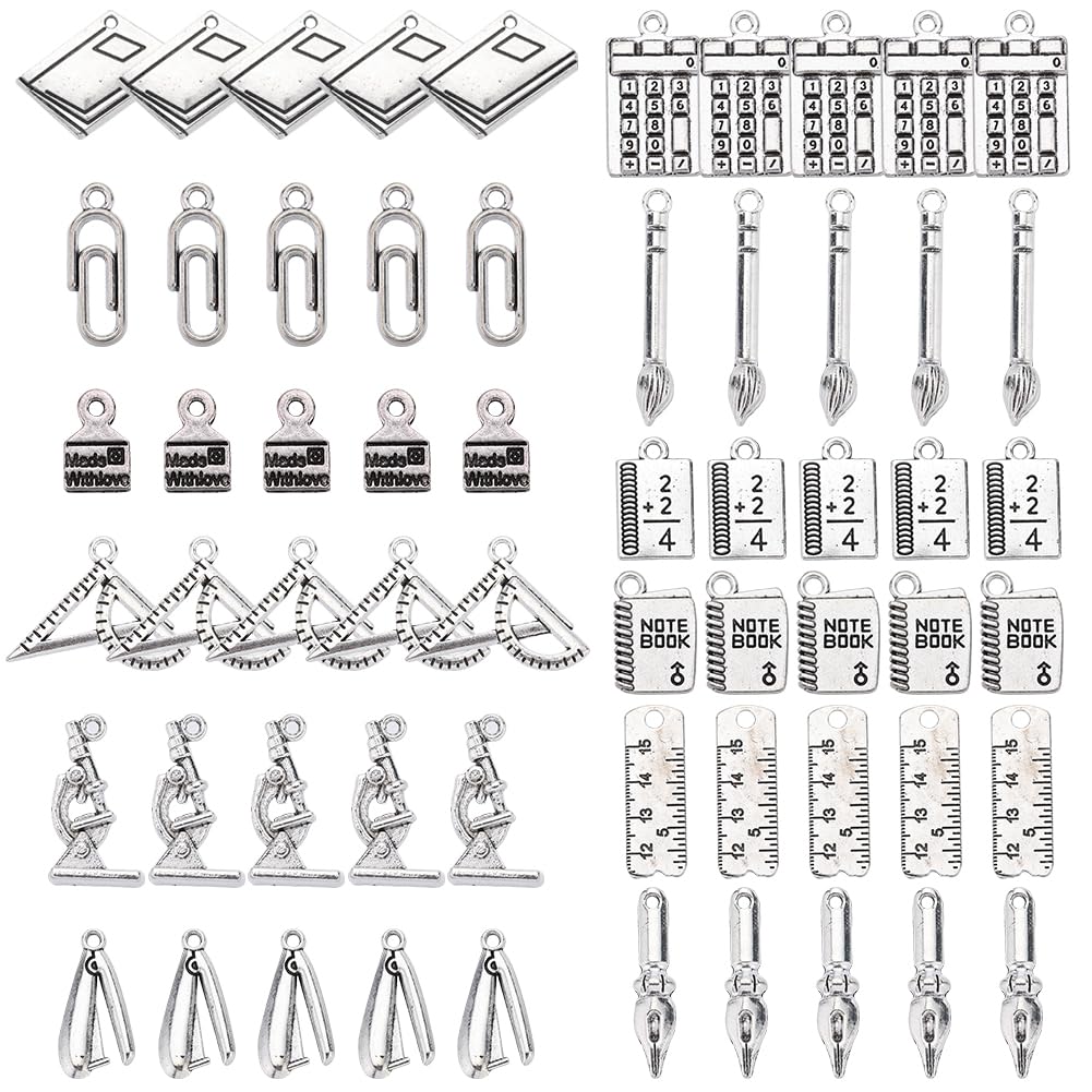 SUNNYCLUE 72Pcs 12 Styles Silver School Charms Study Charm Teacher Stationery Tibetan Alloy Book Pen Back to School Charm Bulk for jewellery Making Charms Keychain Dangles Earring Necklace DIY Crafts