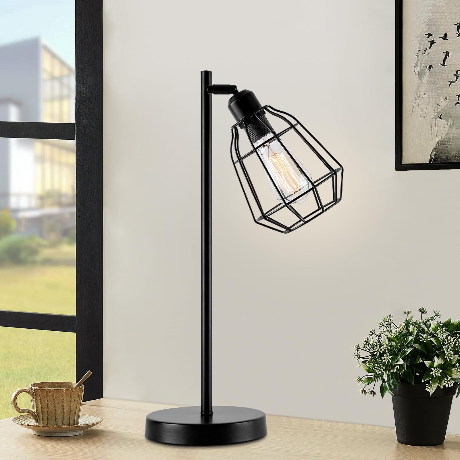 HARPER LIVING Plug in Table Lamp, Caged Bedside Table Light with Switch, E27 Cap, Reading Desk Lamp Black Vintage Finish, Ideal for Living Room, Bedroom, Bedside Tables, Bulb Not Included