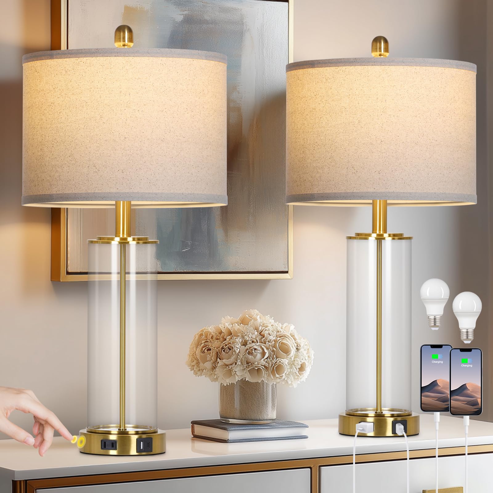 Photo 1 of 26" Gold Glass Table Lamps Set of 2, 3-Way Dimmable Touch Control Glass Lamps for Living Room, Modern Bedroom Lamp with USB C+A Ports & Outlet, Classic Bedside Lamp for Nightstand Side End Decoration