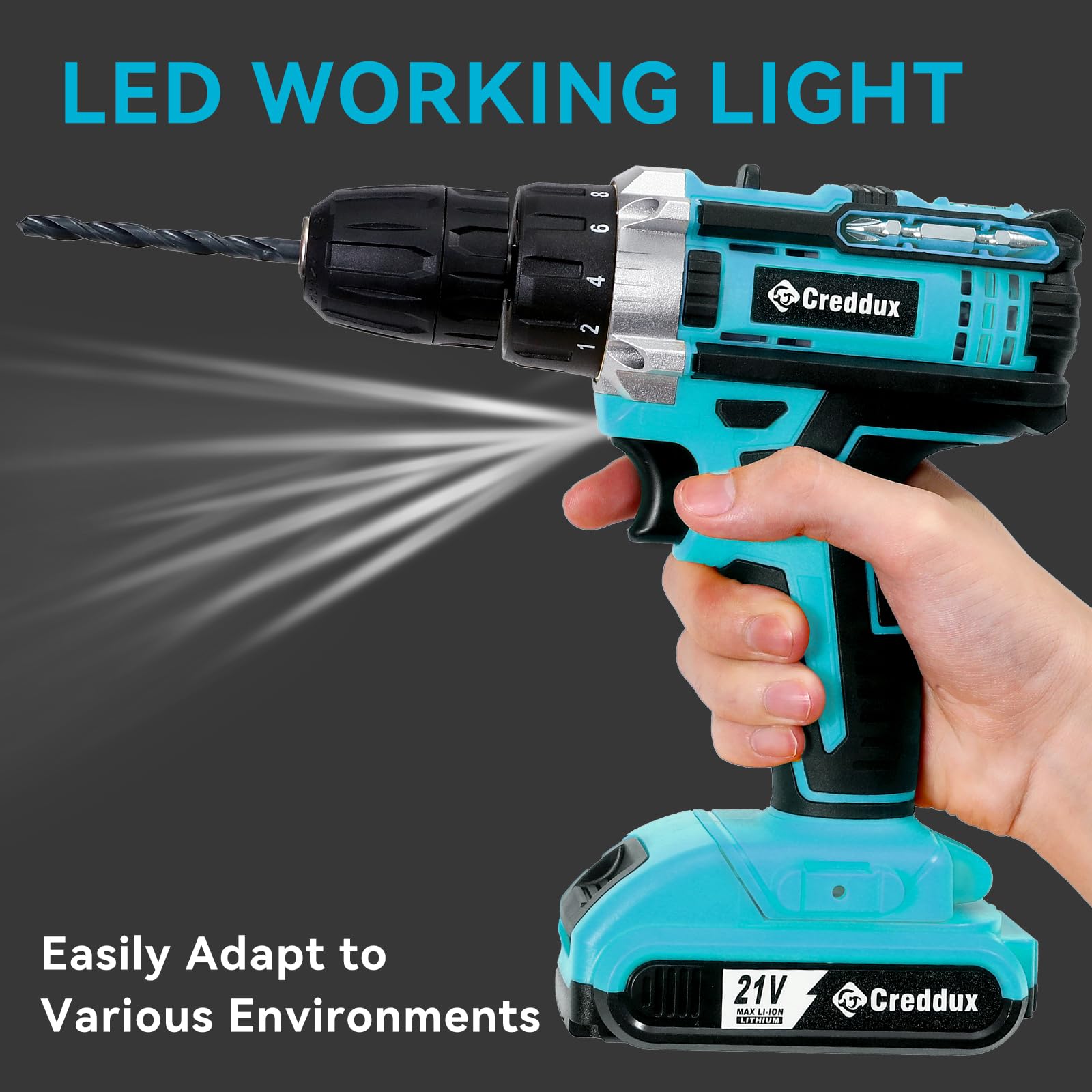 Creddux Cordless Drill Set 21v Power Drill Cordless With Battery & Charger, 84pcs Accessories Electric Drills Variable Speed, 3/8