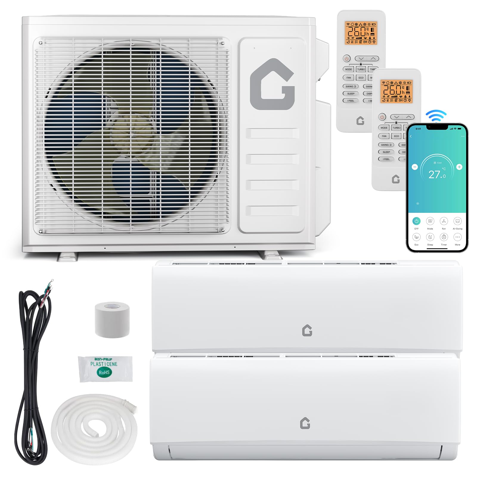 Photo 1 of **Parts Only** Garvee 20K BTU Dual Zone Mini Split AC/Heating System, 20 SEER2 9000 + 9000 BTU Wifi Ductless 2 Zone Wall Mounted Mini Split Air Conditioner, No Copper Tube Line Set Included-208-230V