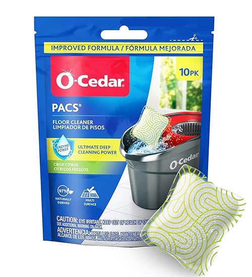 O-Cedar PACS Hard Floor Cleaner, Crisp Citrus Scent 10 Count (1-Pack) | Made with Naturally-Derived Ingredients | Safe to Use on All Hard Floors | Perfect for Mop Buckets