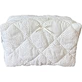 ZUNUONUO Cotton Quilted Makeup Bag Coquette Accessories Make up Bag Organizer Cute Floral Cosmetic Pouch Travel Makeup Bag for Women,Embroidery White