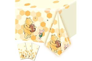 AURORAPARTY 3pcs Winnie Party Tablecloth Bear Baby Shower or Birthday Party Table Cover Honey Plastic Rectangle Birthday Party Decoration, 54 x 108 Inches
