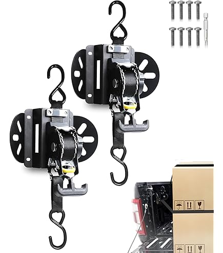 Xomzema 2PCS Retractable Truck Bed Tie Down Straps For Ford F-150 2015-2025,Auto Retract Securing Self Retracting Integral Ratchet Straps With Boxlink Plates Mounted Brackets Accessories