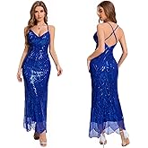Women's V Neck Spaghetti Straps Sequin Sparkly Glitter Irregular Hem Prom Dress Backless Maxi Evening Gowns