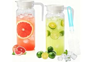 SHAIDOJIO 2 Pack Acrylic Pitchers with Lid, 37oz Clear Water Pitcher, Plastic Juice Jug with Handle, Unbreakablefor Juice Con