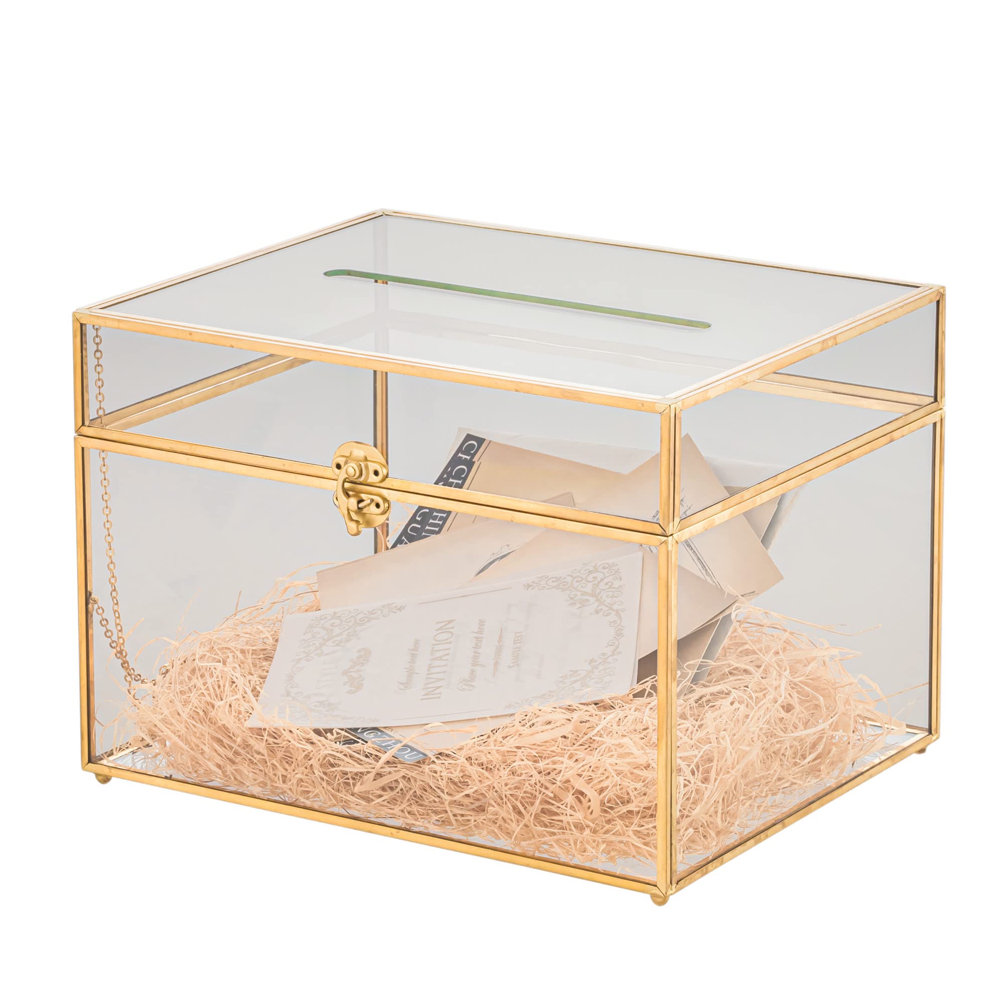 Photo 1 of NCYP Large Glass Wedding Cards Box with Slot for Party Reception, 12" x 9.4" x 8.4" Home Tabletop Clear Decor, Gold Centerpiece, Keepsake (No Lock, Glass Box Only)