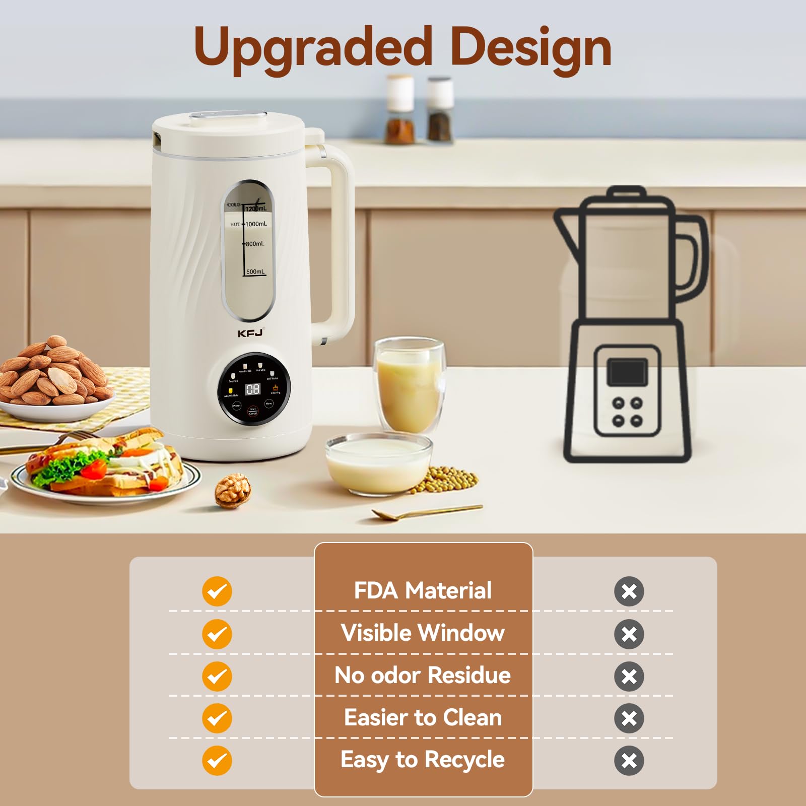 KFJ Máquina para hacer leche de nueces 8 en 1, 41 oz de coco casero, soja, avena, almendras, leches a base de plantas y bebidas no lácteas con inicio retardado/hervir agua/autolimpieza, color blanco