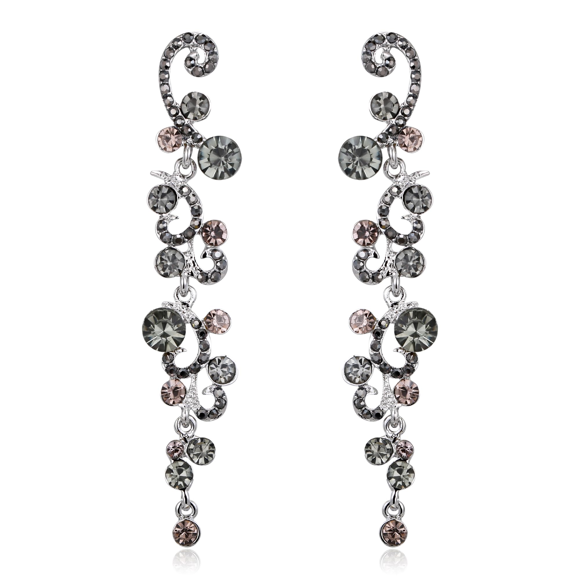 EVER FAITH Black Earrings for Women Dangling, Sparkly Rhinestone Crystal Vintage Floral Vine Long Drop Dangle Earrings Wedding Party Jewellery for Brides Bridal Slver-Tone