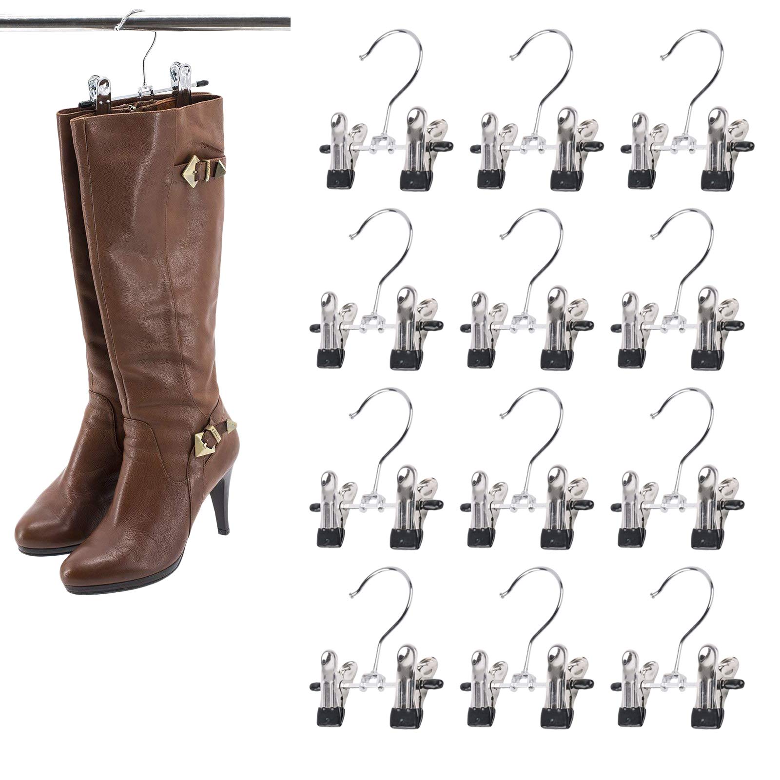 SUNTRADE Double Adjustable Clips Boots Hangers,Space Saving Boots Socks Bags Hanging Clips Boot Holder Boot Organizer,Set of 12