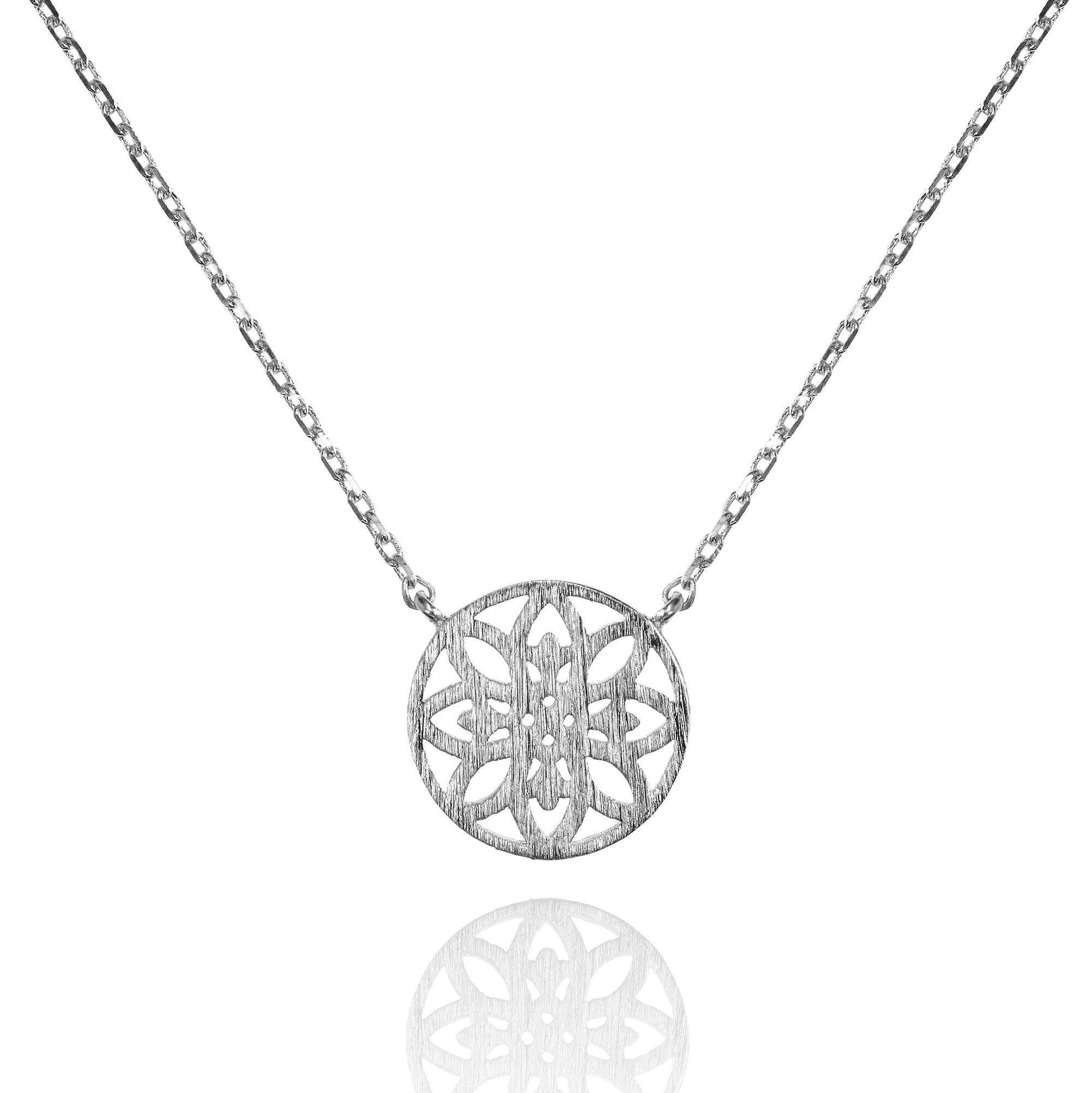 namana Silver Mandala Disc Pendant Necklace for Women, Brushed Finish Sacred Geometry Necklace, Cute Round Silver Pendant Necklaces for Teenage Girls and Women, Dainty Jewellery Gifts for Women