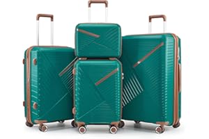 Campfun Luggage Sets 4 Piece, Expandable Carry On Luggage Set Hardshell PP, Suitcase Set with Double Spinner Wheels, Checked Durable Lightweight with TSA Lock, 14/20/24/28in, Coral Green Brown(B)