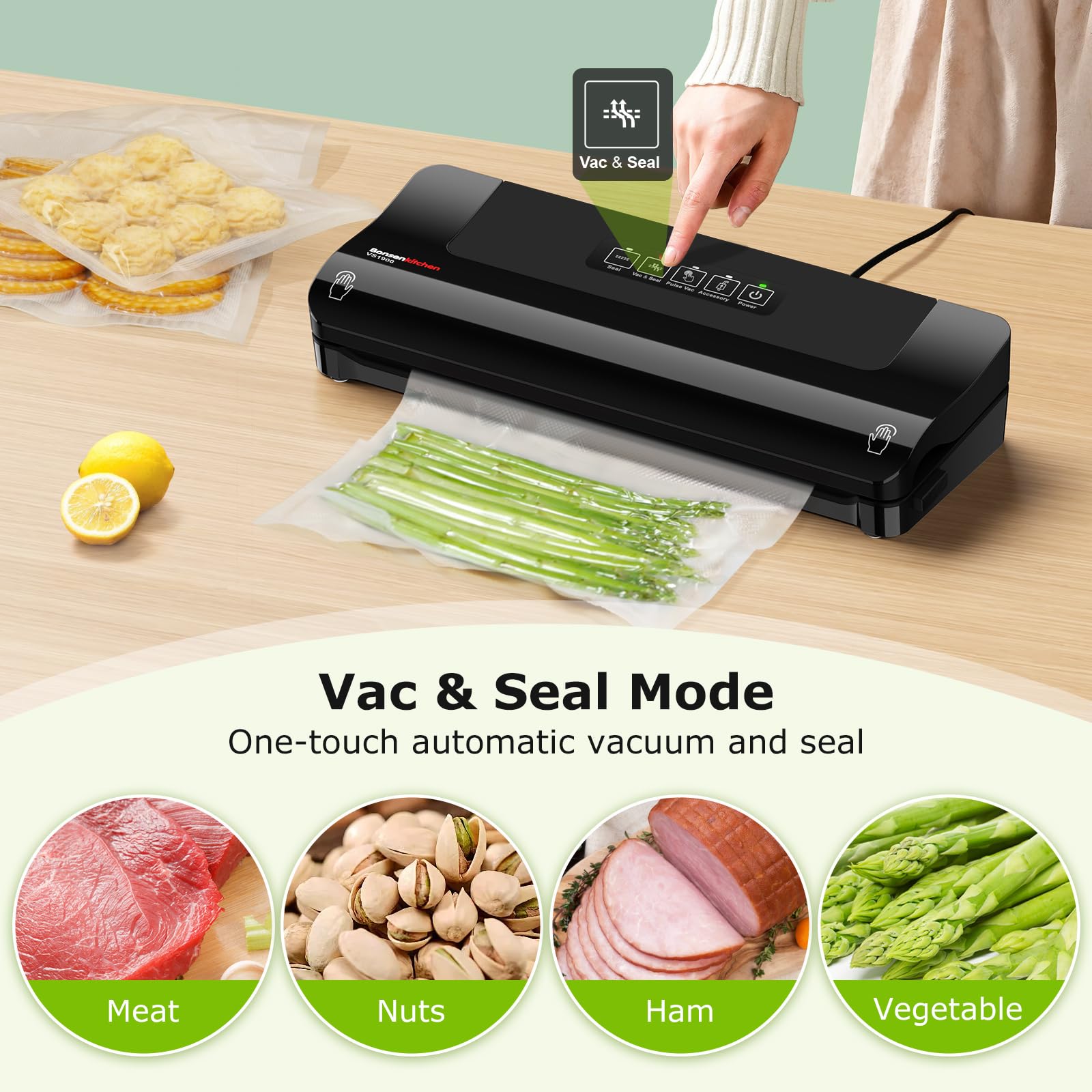Bonsenkitchen Vacuum Sealer Machine Multi-Functional Food Sealer with 10 Vacuum Bags, Fast-Compact Design, External Vacuum System & Accessory Tube for Freshness Preservation,Black