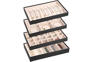 LANDICI Stackable Jewelry Organizer Trays 4 Set,PU Leather Jewelry Organizer Drawer,Jewelry Storage Display Tray for Earring Necklace Rings Bracelet with Removable Dividers,Black