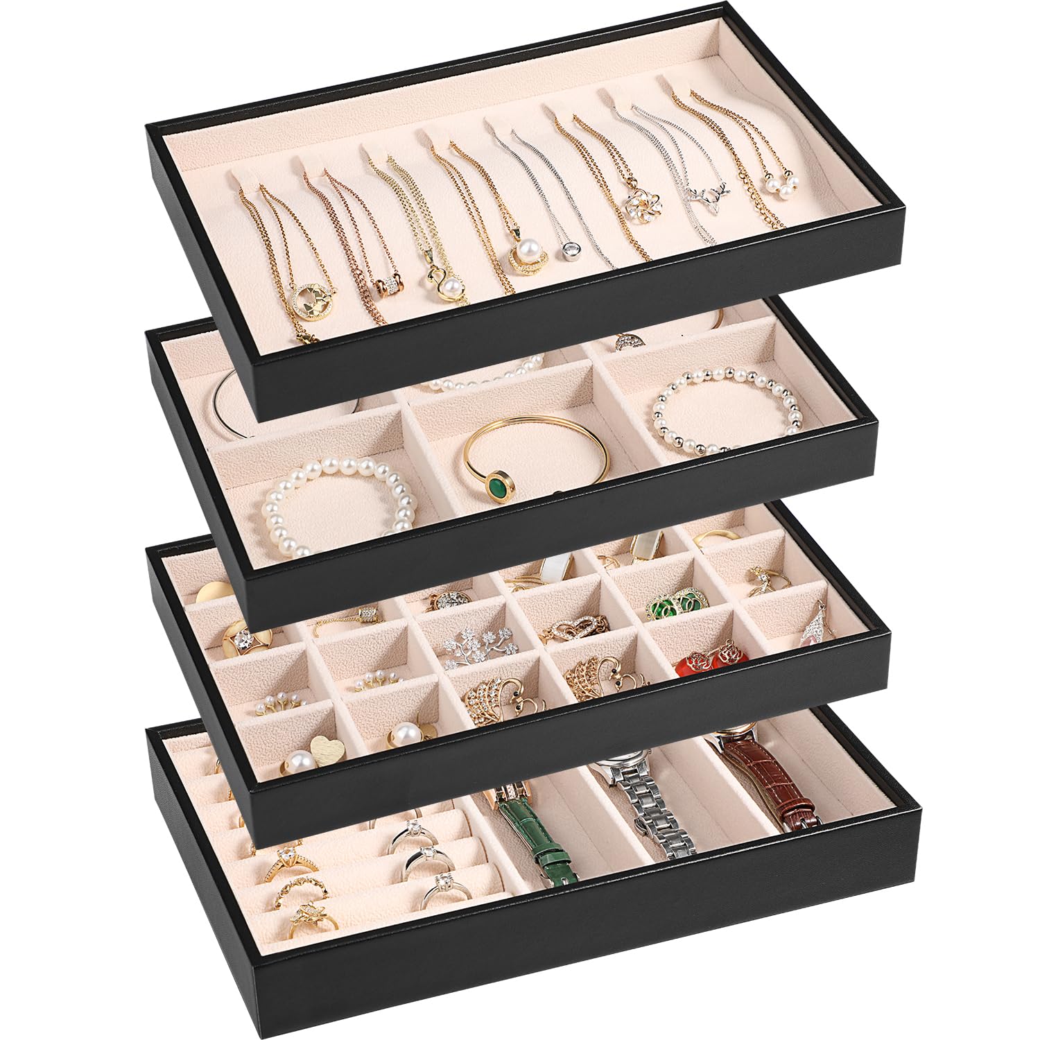 Photo 1 of (PARTIAL SET) (2) ***(LIDS NOT INCLUDED)***LANDICI Stackable Jewelry Organizer Trays 4 Set,PU Leather Jewelry Organizer Drawer,Jewelry Storage Display Tray for Earring Necklace Rings Bracelet with Removable Dividers,Black