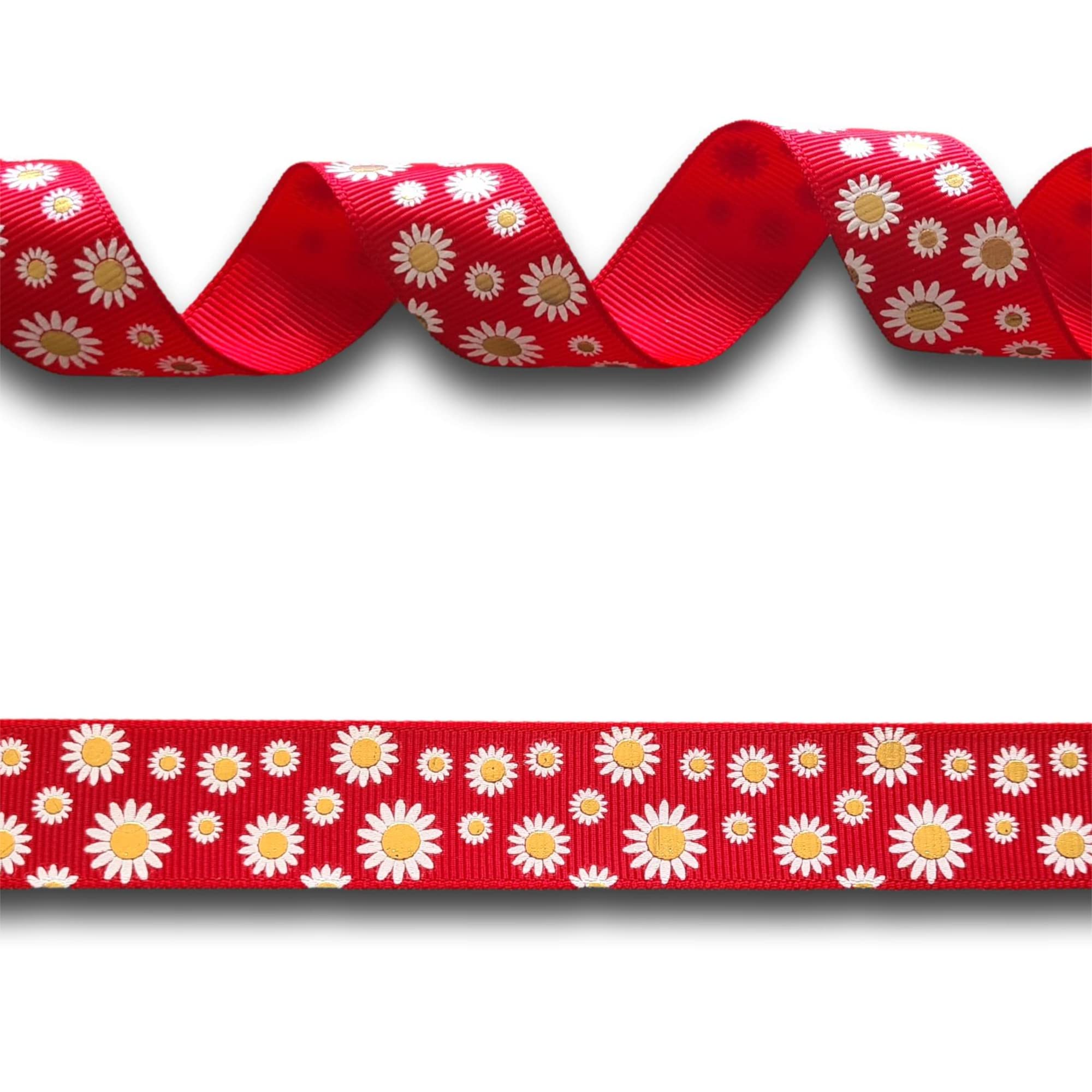 5 Yards (4.5 metres) Red Gold Daisy Flower Foil Grosgrain Ribbon 22mm Wide, Ideal for Craft Projects, Cakes, Scrapbooking etc.