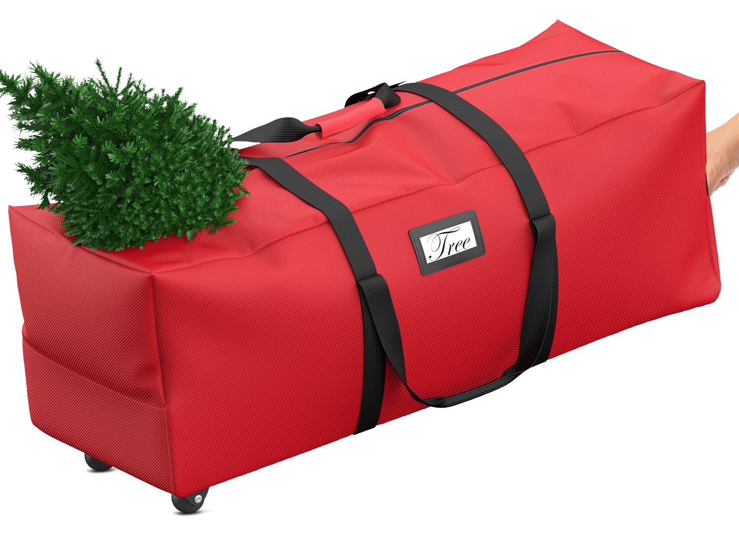 Photo 1 of Mrrihand Christmas Tree Storage Bag, 9 Ft Large Artificial Anti-Tear Heavy-Duty 600D Oxford Cloth Xmax Christmas Tree Storage Box with Rolling Wheels, Christmas Tree Storage Container (Red)