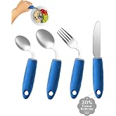 BaseSmall 4-Piece Adaptive Utensils Set - 42&deg;Angled Parkinsons Utensils, Weighted Utensils for Tremors and Parkinsons Patients, Blue (Right-Handed)
