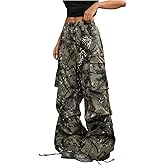 GORGLITTER Women's Camo Cargo Pants Wide Leg Baggy High Elastic Waisted Parachute Pants Y2K Camouflage Trousers Streetwear
