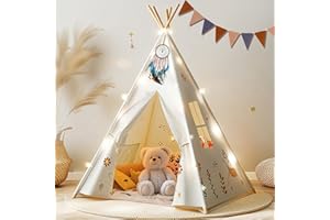 BUDDGO Teepee Tent for Kids, Natural Cotton Toddler Play Tent with Colorful Flags & Mat and Dream Catcher, Foldable Kids Teepee Tent Easy to Assemble for Girls & Boys