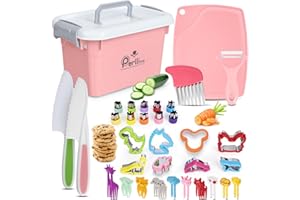 Perlli 44-Piece Toddler Cooking Set | Toddler Kitchen Set with Kids Safety Knives, Utensils, Peeler, Cutting Board & More | Kids Cooking Sets Real | Montessori Kitchen Sets for Children Ages 3+, Pink