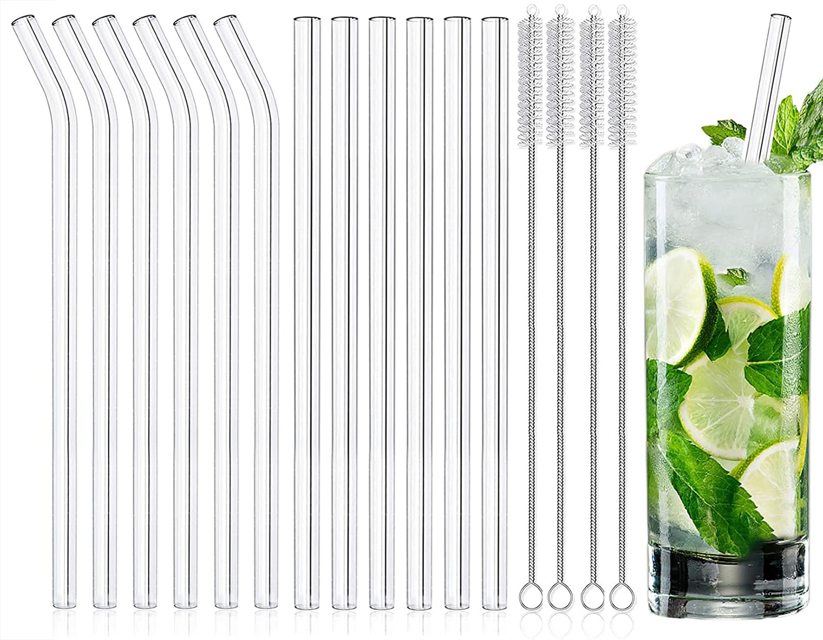 JOYZYAIYY Glass Straws, 16pcs Set - 6 Curved & 6 Straight, Break Resistant, Reusable, Heat Resistant, BPA Free, with Cleaning Brushes, Ideal for Bubble Tea, Juices, Slush, Cocktail