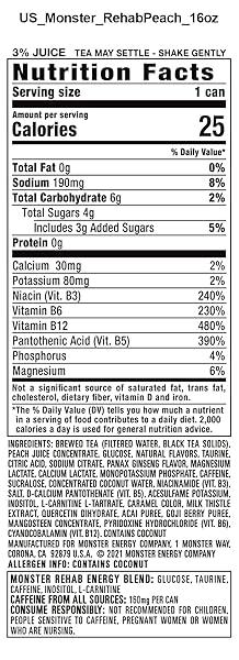 MONSTER ENERGY REHAB PEACH TEA + ENERGY, ENERGY ICED TEA, ENERGY DRINK, 15.5 OUNCE (PACK OF 15)
